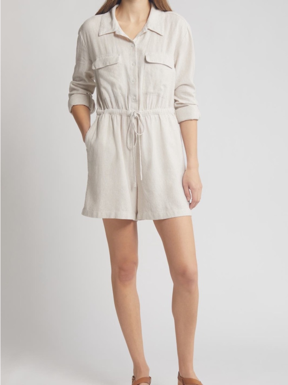 Linen Blend Stripe Button-Front Romper with Drawstring Waist